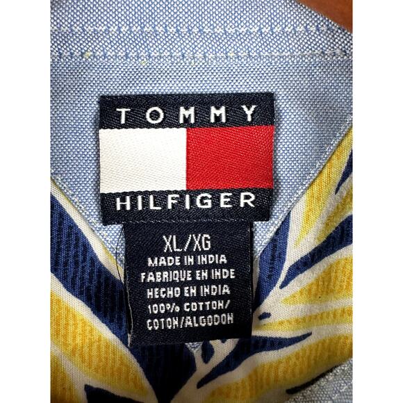 Tommy Hilfiger Hawaiian Tropical Floral Foliage Button Shirt Blue Yellow Mens XL - Picture 3 of 4